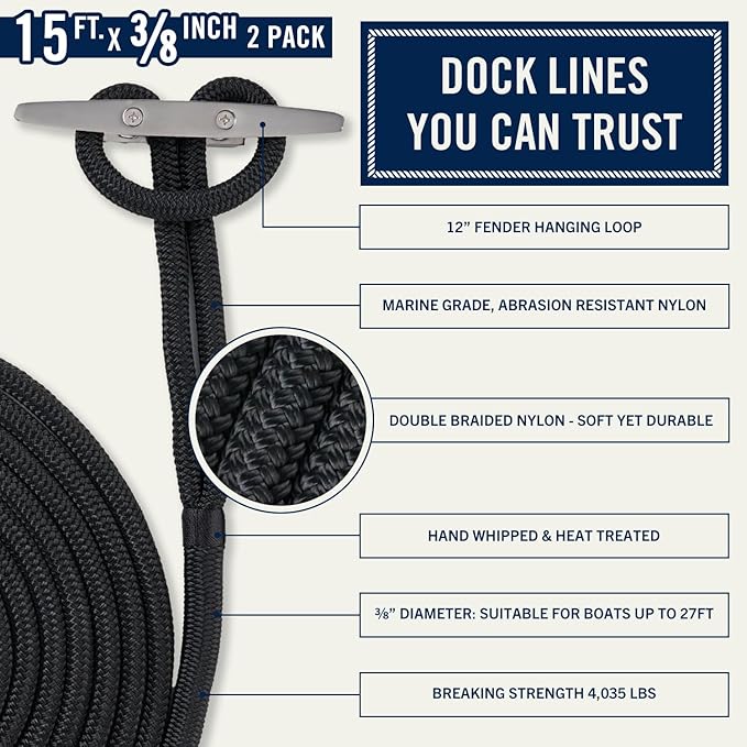 RainierSupplyCo Dock Lines 2-Pack - Boat Rope for Docking with Loop - 15 ft x 3/8 Inch Premium Double Braided Nylon Marine Rope - Mooring Line with 12" Eyelet - Boat Accessories - Black
