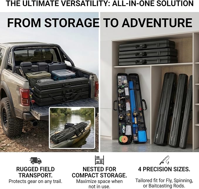 Hard Shell Fishing Rod Case, 50" Protective Rod Tube (4-in-1 Set) for 7ft 2-Piece Rods, Crushproof & Water-Resistant Travel Carrier, Heavy-Duty Storage for Bass, Fly & Saltwater Fishing