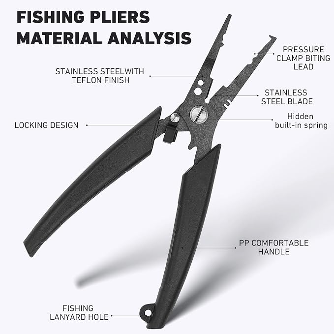 Golden J Teflon Fishing Pliers, Multi-Function Hook Remover-Split Ring Pliers, PE/Braided Line Cutter, Saltwater Resistant Fishing Gear, For Deep-Sea, Ice & Surf Fishing - Ideal for Anglers