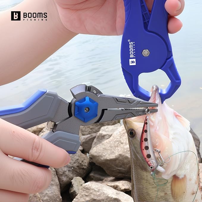 Booms Fishing Pliers Hook Remover: 8.1" Angled Carbon Steel Fish Pliers for Saltwater - Fishing Line Cutter with Lanyard - Braided Cutters & Crimper with Safety Lock, Multi-Function Gear for Men, F09