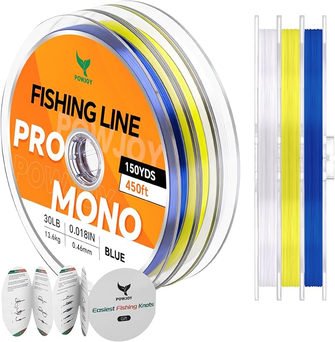 Pro Monofilament Fishing Line with Knot Instruction Cards for Multi Purpose Cost Effective, Strong Yet Thin Nylon String for Big Fishes, Tangle-Free & UV Resistant, 15/20/30/50/80LB