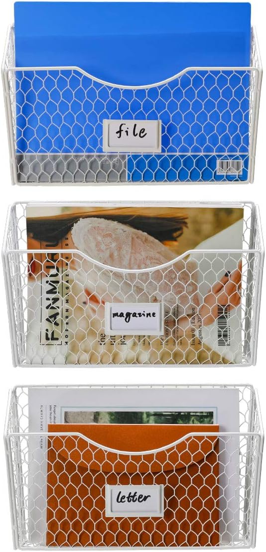 PAG 3 Pockets Hanging File Holder Wall Mount Mail Organizer Metal Chicken Wire Magazine Rack with Tag Slot, White