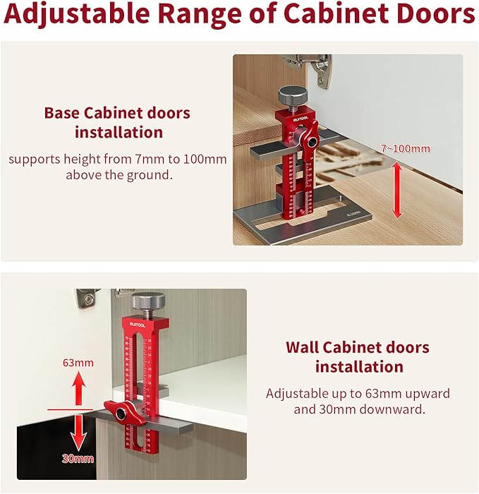 RUITOOL Upgrade 3-in-1 Cabinet Door Mounting Jig with Support Base, Installation Tool for Frameless or Face Frame Cabinet Doors, Adjustable Aluminium Alloy Hardware Jig for Wall and Base Cabinets