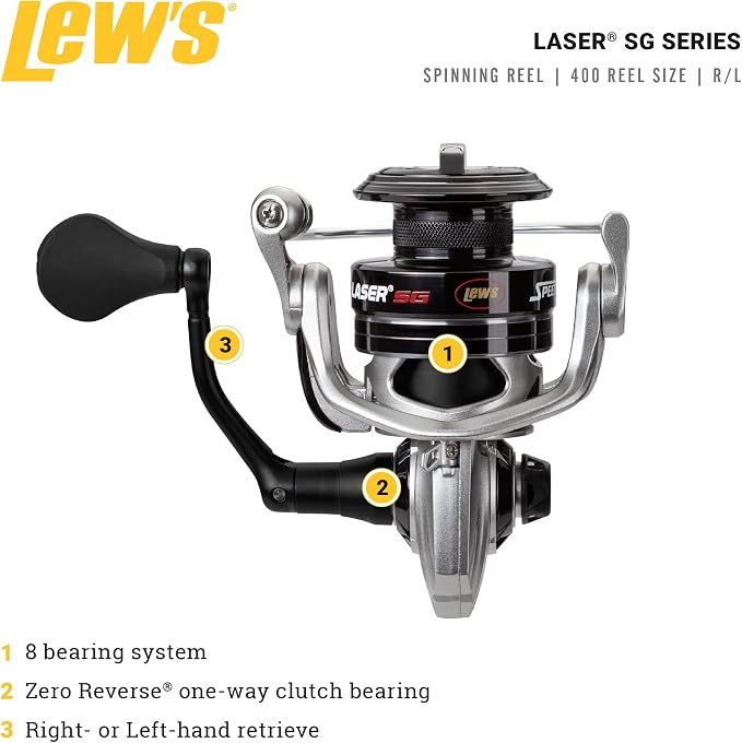 Lew's Laser SG Speed Spin Freshwater Spinning Fishing Reel, Right or Left-Hand Retrieve, 5.2:1, Zero Reverse 1-Way Clutch Bearing, Silver