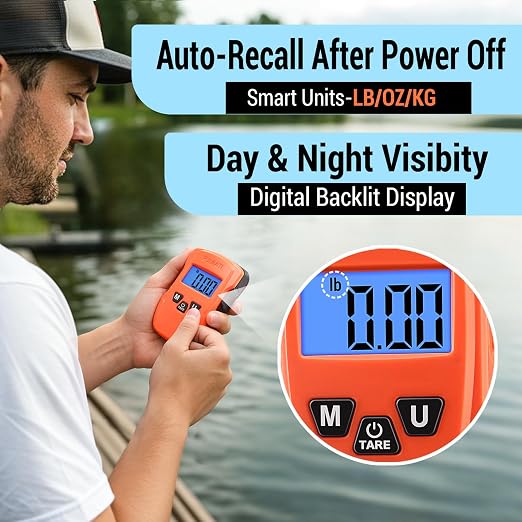 Fish Scale Digital Fishing Scale with Lip Gripper & Replaceable Hook, Auto Unit Recall, 110 lb Capacity, Memory & Total, Multi-Mode lb/oz/kg with LCD Display, Fishing Gift for Men