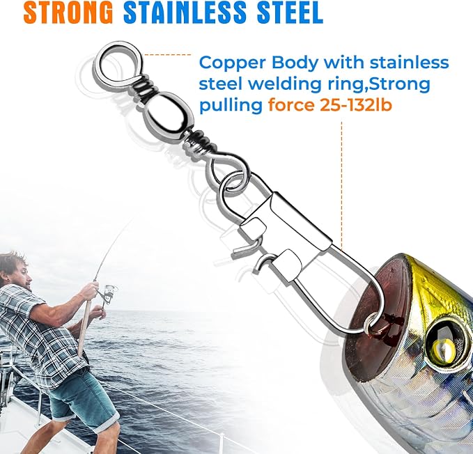100 PCS Fishing Swivels Snap,Stainless Steel Swivel Fishing Line Connector,Interlock Fishing Hooks Clip,Barrel Snap Swivels for Freshwater and Saltwater Fishing
