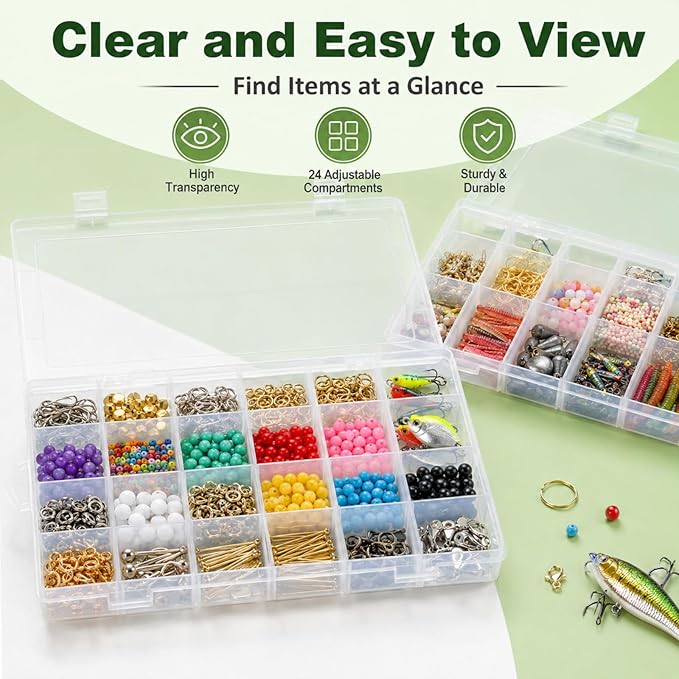APACALI 4 Pack Large Clear Organizer Box with Dividers, 24 Adjustable Compartments Storage Case for Beads, Crafts, Fishing Lures & Small Parts