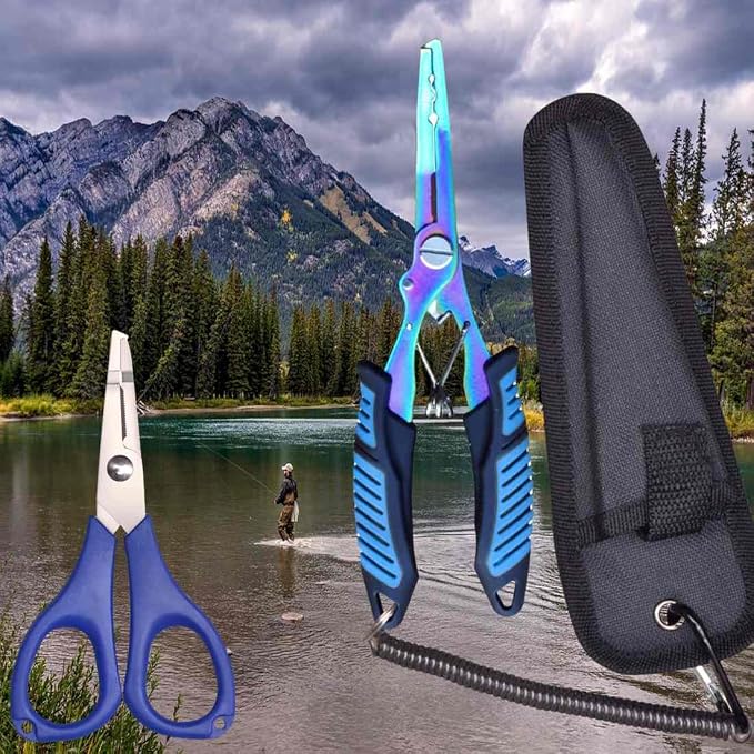 Fishing Needle Nose Pliers, Stainless Steel Fish Pliers and Scissors Set with Sheath Lanyard, Hook Remover Split Ring Tools, Aboda Fishing Gear Fresh & Saltwater Fishing Tool Kit