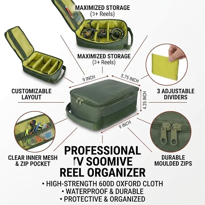 Fishing Tackle Bag Waterproof Fishing Bags Portable Fishing Reel & Gear Bag with 3 Adjustable Dividers for Spinning Baitcasting Fly Reels (Army Green)