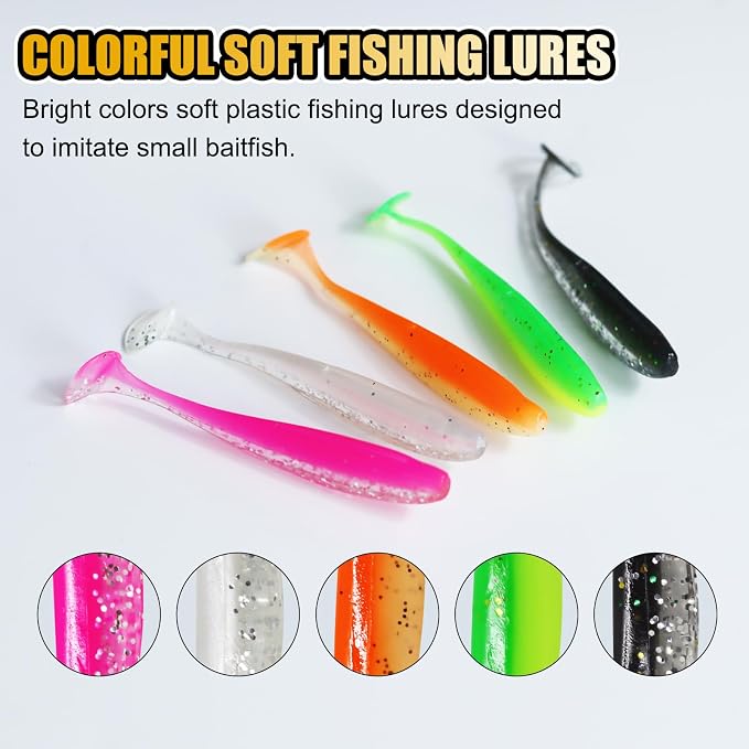 Fishing Soft Lures Paddle Tail Swim Baits Plastic Baits Crappie Walleye Trout Bass Fishing Baits for Jig Heads Saltwater/Freshwater 40PCS