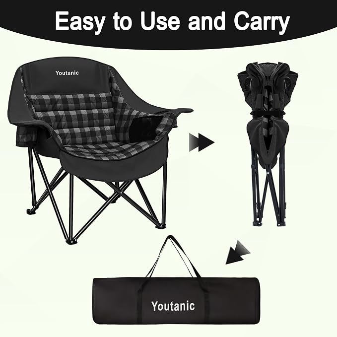 Youtanic Oversized Extra Large Padded Camping Chair, Heavy Duty 400 lbs Foldable Lawn Chair, Ergonomic Outdoor Seat with Plaid Design, Cup Holders & Storage Pockets for Fishing, Sports, Black