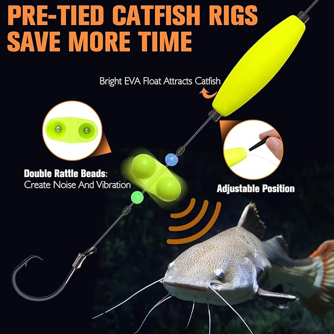 Dovesun 6PCS Catfish Rigs Kit Santee Rig with Catfish Float Rattler Dragging Weights Catfishing Tackle Circle Hook Size 5/0 8/0 Weight Size 2OZ/3OZ/4OZ