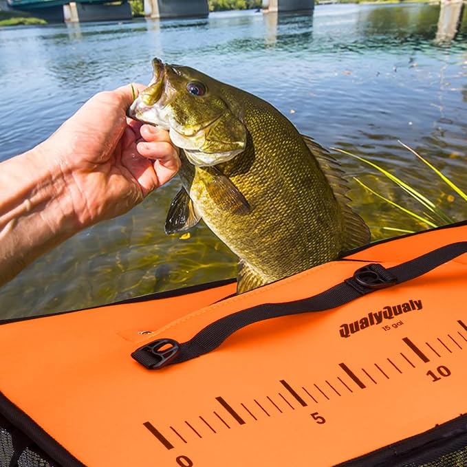 QualyQualy Floating Fish Basket for Live Caught, 10/15 Gallons Foldable Fishing Holder Minnow Bucket Portable Collapsible Fishing Net Storage Cage for Live Fish Bait Live Well