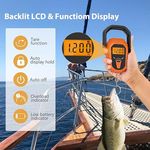 Fish Scale, Waterproof Floating Fishing Scale with Lip Gripper, 110lb/50kg Hanging Digital Fish Digital Scale, Floating with LCD Backlit, Tape Measure for Fishing Hunting, Batteries Included