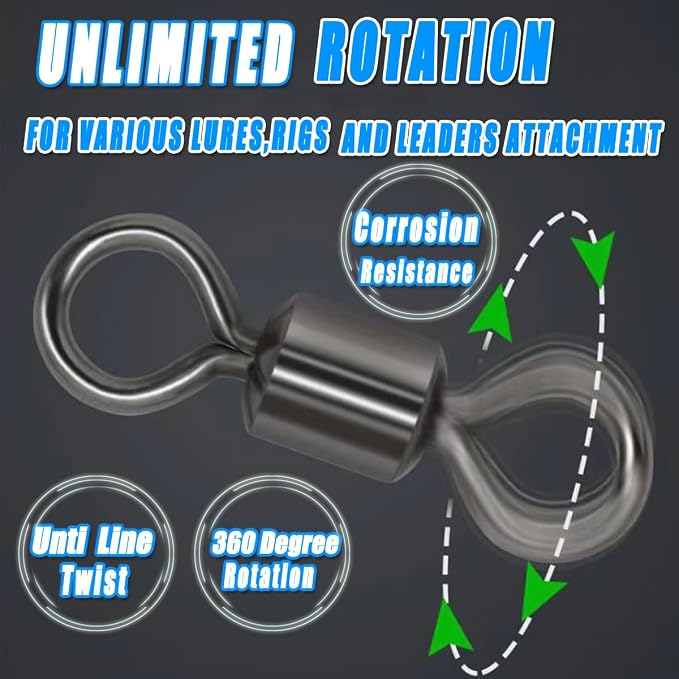 250pcs Fishing Swivel Rolling Barrel Swivel Stainless Steel Swivels Corrosion Resistance Black Nickle Connector for Freshwater Saltwater Fishing Tackle #2#4#6#8#10