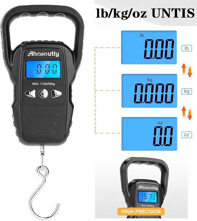 Fish Scale,110lb/50kg Large Handle,Large Backlit LCD Display,Digital Fish Scale with Built-in Measuring Tape, Fishing Gifts for Men,Black…