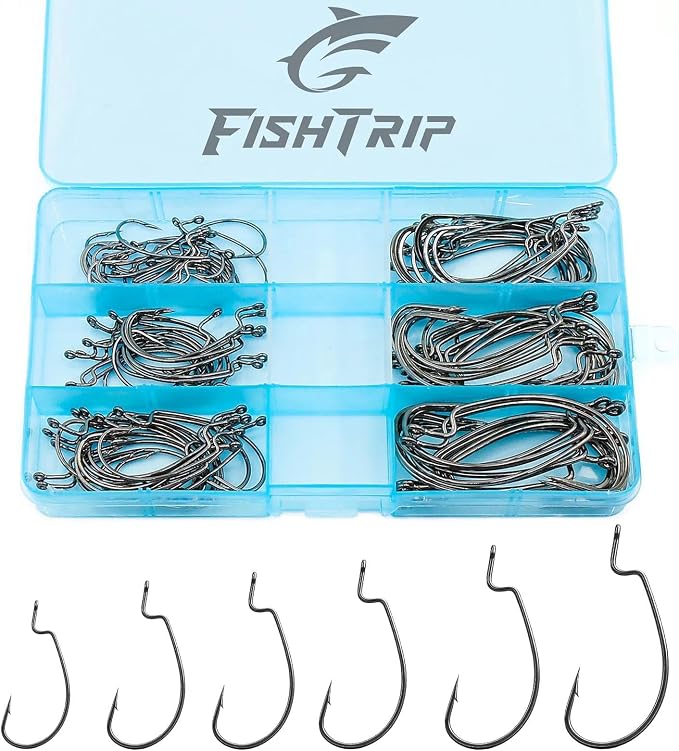 50/100/120pcs EWG Fishing Hooks, Bass Fishing Hooks Offset Worm Hook Texas Rig Hooks Live Bait Fishing Hooks for Freshwater Saltwater Size 4 2 1 1/0 2/0 3/0 4/0 5/0