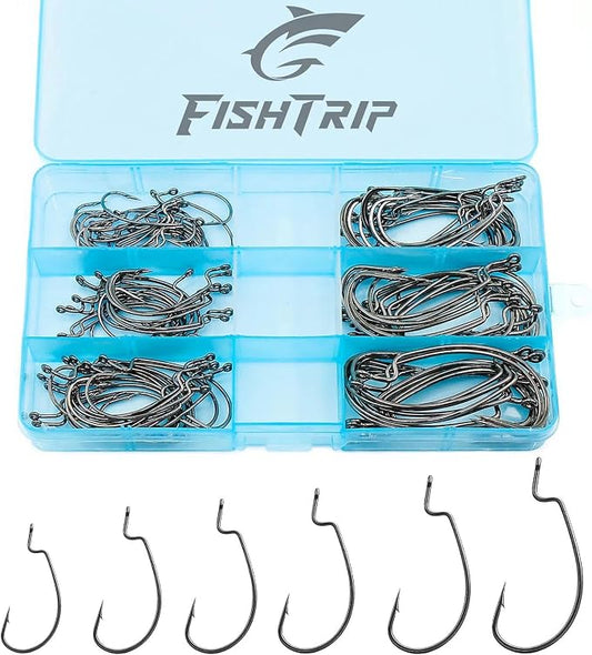 50/100/120pcs EWG Fishing Hooks, Bass Fishing Hooks Offset Worm Hook Texas Rig Hooks Live Bait Fishing Hooks for Freshwater Saltwater Size 4 2 1 1/0 2/0 3/0 4/0 5/0