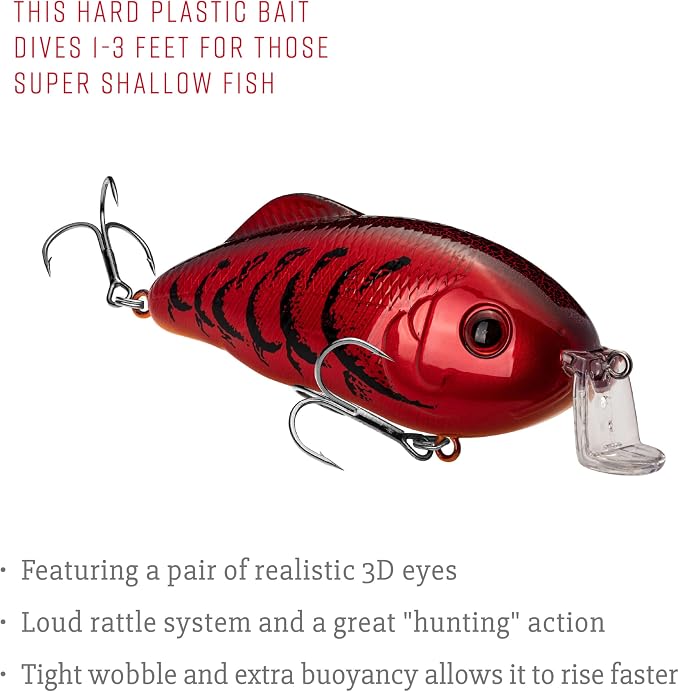 Strike King Hybrid Hunter Shallow Jr. Fishing Lure, Shallow Diving Crankbait, 90-Degree Bill, 3D Eyes, Loud Rattle, Dives 1 to 3-Feet,Size 4 & 6 Treble Hooks