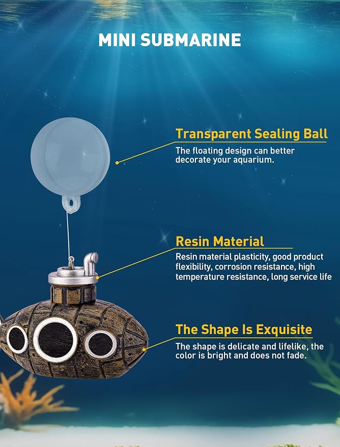 SARDVISA 2.1 in Mini Floating Submarine Fish Tank Decoration, Safe Resin Aquarium Decoration for Betta Toys, Cichlid, Goldfish, Shrimps and Hermit Crabs, Cute Retro Underwater Fish Tank Accessories