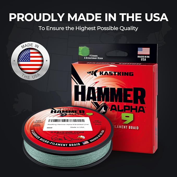 KastKing Hammer Alpha 9 UHMWPE Braided Fishing Line - Made in the USA, Strong and Smooth, Round, 9-Carrier, Colorfast Braided Fishing Line, Perfect for Most Fishing Reel and Finesse Applications