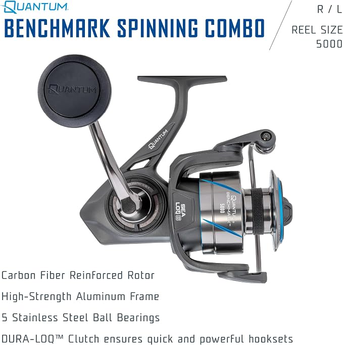 Quantum Benchmark Spinning Reel and Fishing Rod Combo, Graphite Composite Blank, 5+1 Bearings, Silver/Blue