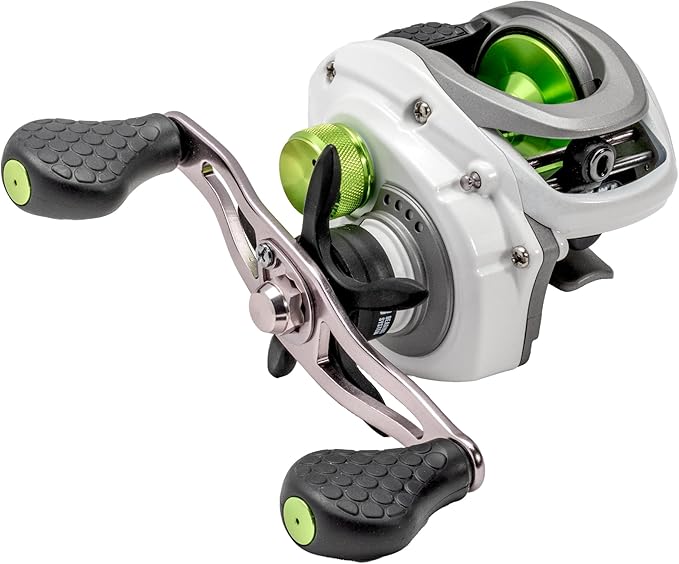 Lew’s MACH 1 Baitcast Fishing Reel, 7+1 Bearings, 7.5:1 Gear Ratio, Graphite Frame and Sideplate, Multi-Setting Brake, Speed Gears, White/Gray/Green