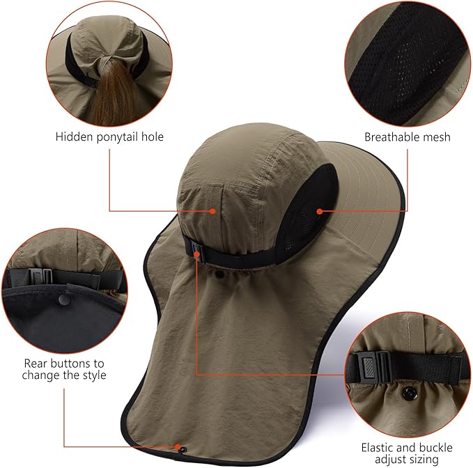 BASSDASH UPF 50+ Unisex Water Resistant Wide Brim Sun Hat with Large Neck Flap Ponytail Fishing Hat for Men Women