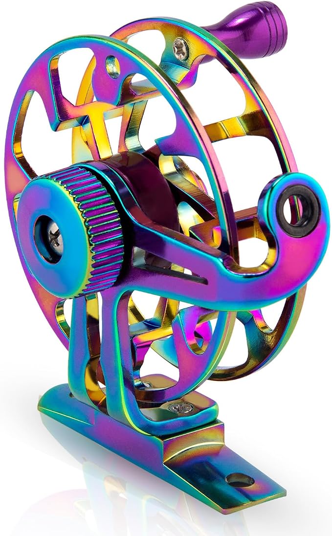 Alwonder Ice Fishing Reel Dazzling Color, CNC-Machined Aluminum Ultra-Lightweight and Durable Inline Ice Fishing Reel, Smooth Right Hand Ice Reels Fishing Gear