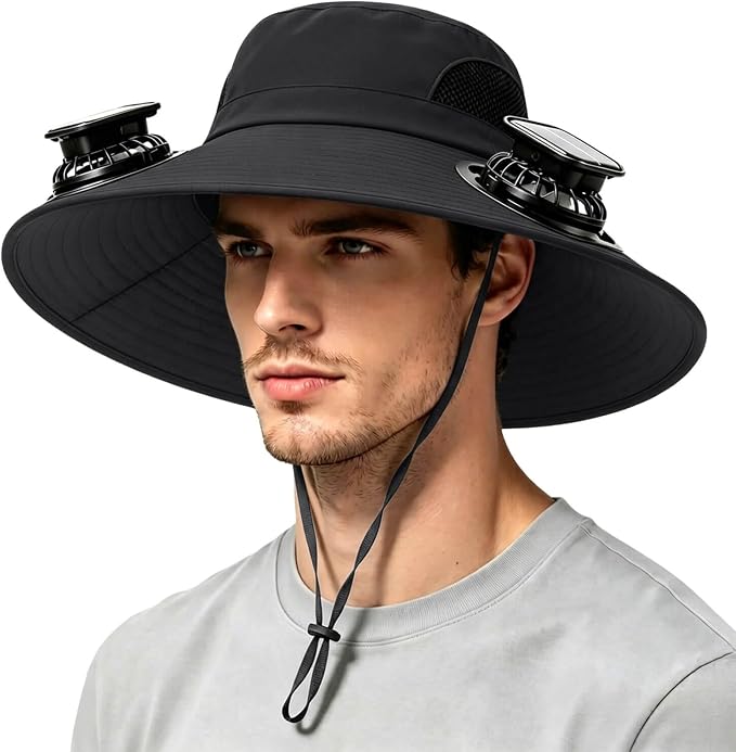 Solar Powered Fan Hat for Men Women Wide Brim Hat with 2 Fans UPF 50+ Outdoor Fishing Beach Sun Hat