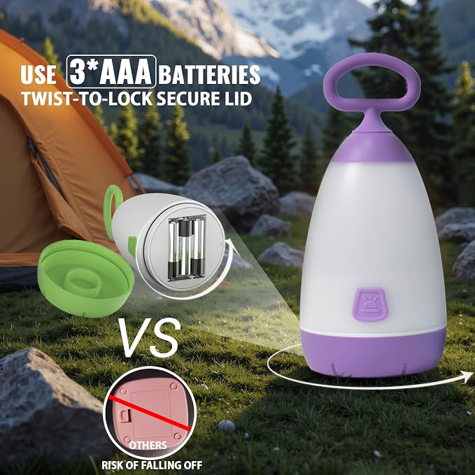 2-Pack Kids Camping Lantern & Night Light, Battery Powered, 360° Eye-Safe Light, IPX4 Waterproof RGB Portable for Slumber Party (Purple & Green, 6× AAA Included)