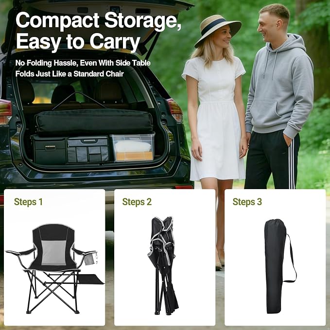 XGEAR Camping Chairs 350LBS Capacity, Heavy Duty Folding Chair with Side Table, Portable Outdoor Chair with Cup Holder for Adults, Collapsible for Tailgating, Beach, Fishing, Backyard - Black