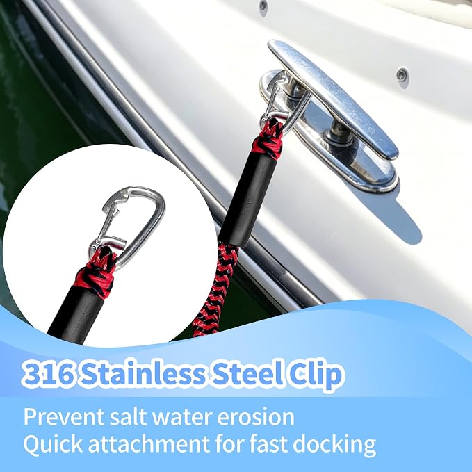 3FT Boat Dock Line Shock Absorbing Mooring Bungee Dock Lines for Boats Accessories Ideal for SeaDoo, Kayak, Pontoon, Power Boat 2PCS(Red&Black, 3FT-Single Clips)