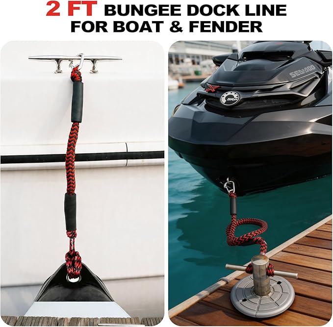 2FT Bungee Dock Line Boat Accessories 2pcs Fender Lines with 316 Stainless Clip for Boat Bumper/Boat Fender for Mooring for Jet Ski, Seadoo, Yamaha (Red+Black, 2Feet)