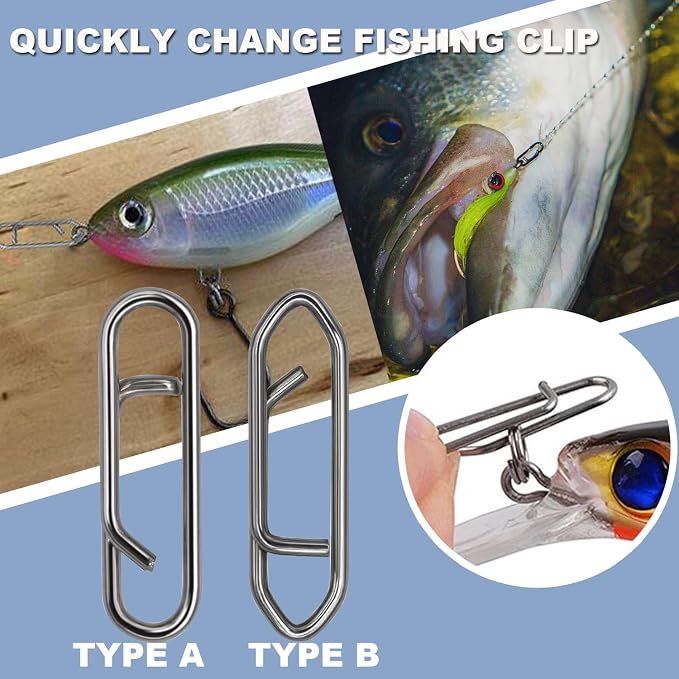 200pcs Fishing Power Clips, High Strength Speed Clips Stainless Steel Quick Change Clip, Freshwater Saltwater Crankbait Popper Lures Fast Link Snap Connector