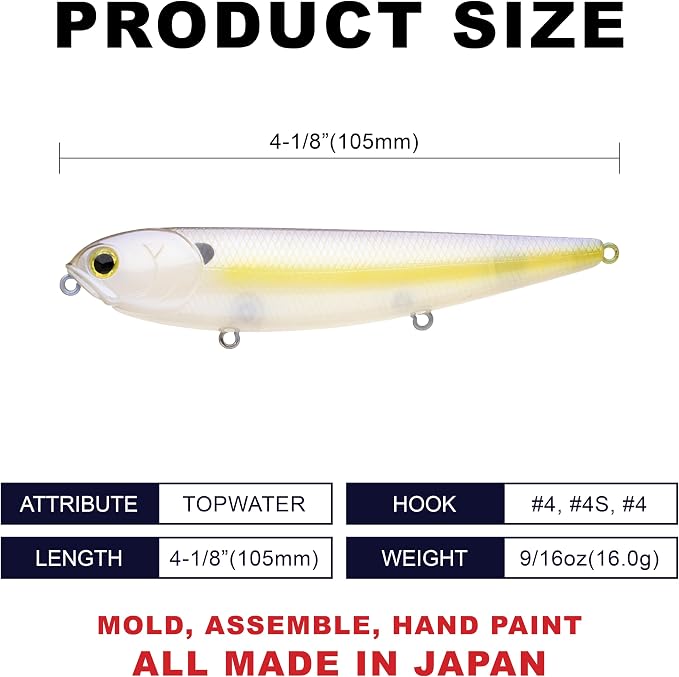 LUCKY CRAFT Sammy 105 Topwater Fishing Lures, 3 Hook, 4-1/8" Floating Freshwater Trout and Bass Lures, Walk-the-Dog Tournament Bait, Bass Fishing Gear and Tackle Box Accessories