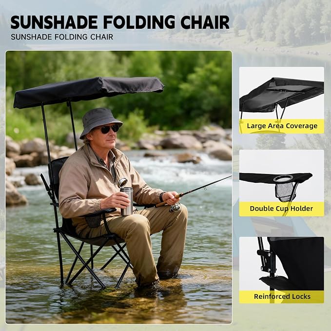 YOUNG WOOD Portable Camping Chair Beach Chair with Shade Canopy, Fold Lightweight Oversized for All, Easy to Open and Close Without Installation, Side Pocket Design for All Outdoor Activities，Black