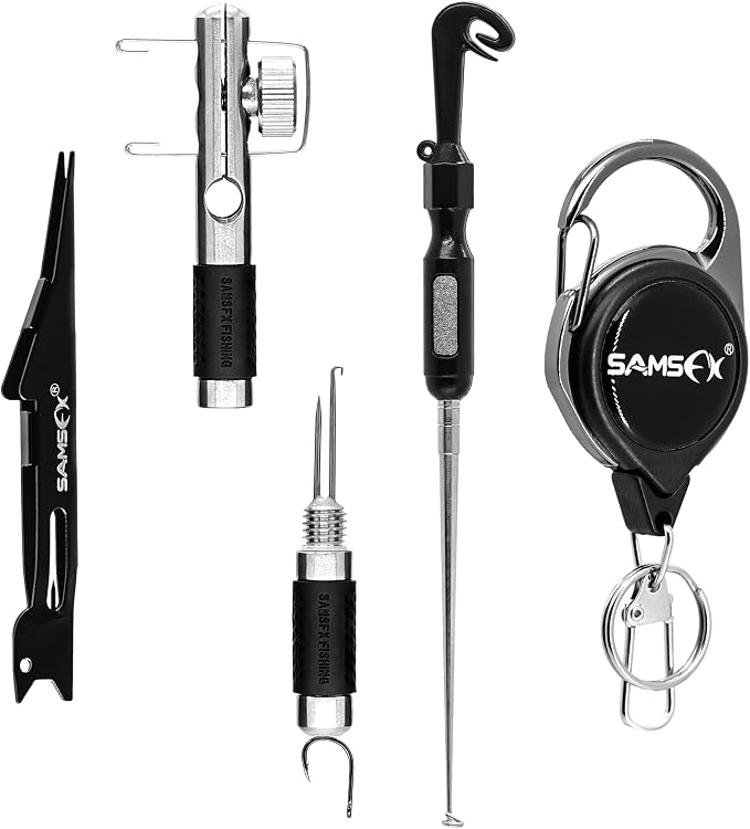 SAMSFX Fishing Stainless Steel Hook Tier, Knot Tying Tool, Loop Tyer, Hook Remover and Zinger Retractors Combo