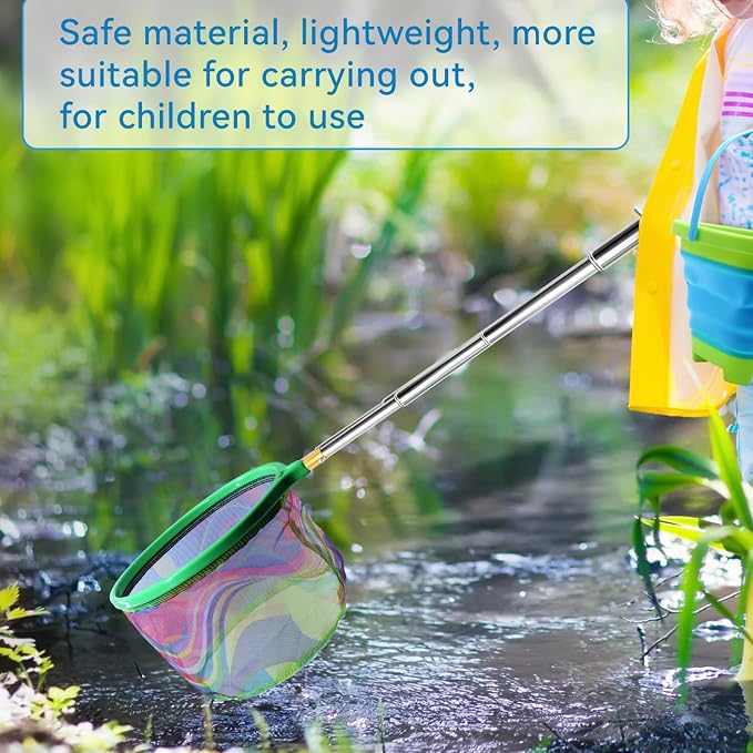 2PCS Fishing Net with Bucket, Telescopic Fishing Landing Net, Collapsible Youth Sand Bucket, Youth Fish Butterfly Catching for Freshwater Saltwater Outdoor Activities