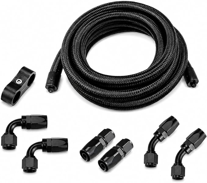 Ucreative 10AN CPE Fuel Hose Line Fitting Kit AN10 Nylon Braided Fuel Hose 10FT Black ID: 0.56 inch (14.2mm)