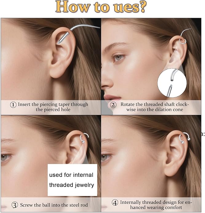MODRSA 20g 16g 18g Piercing Taper Internal Threaded Piercing Taper Insertion Threader Tool Threadless Jewelry Changing Tool Horseshoe Nose Ring Labret Earring Studs Applicator Piercing Ball Grabber