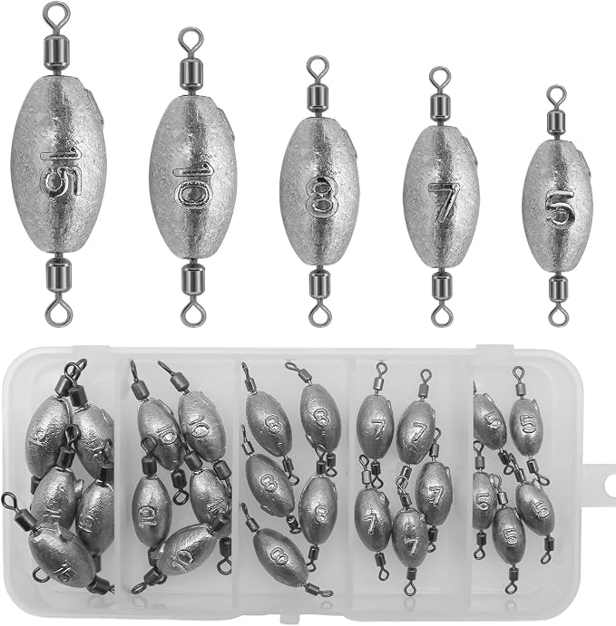 Fishing Weights Sinkers Inline Trolling Fishing Sinkers Egg sinkers with Inner Swivels Oval Drop Lead Fishing Weights for Saltwater Freshwater Fishing