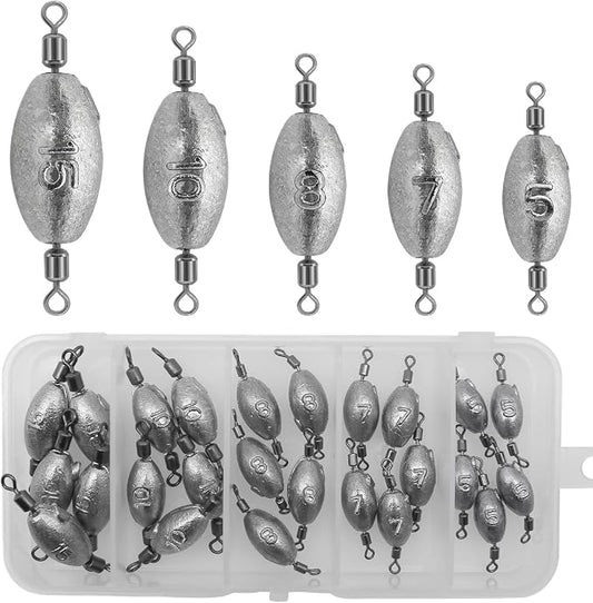 Fishing Weights Sinkers Inline Trolling Fishing Sinkers Egg sinkers with Inner Swivels Oval Drop Lead Fishing Weights for Saltwater Freshwater Fishing