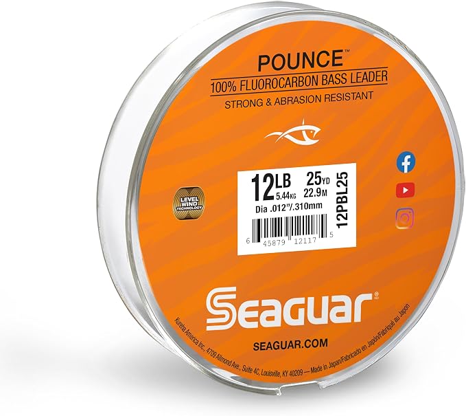 Seaguar Pounce Bass Fishing Leader Line, Freshwater, 100% Fluorocarbon, 25yd Spool, Clear, Multiple Sizes