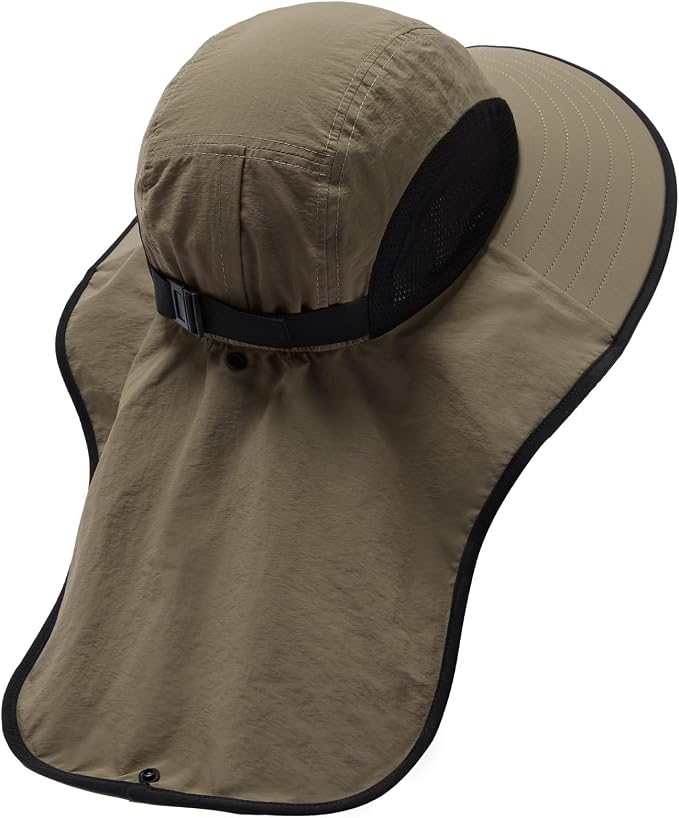 BASSDASH UPF 50+ Unisex Water Resistant Wide Brim Sun Hat with Large Neck Flap Ponytail Fishing Hat for Men Women