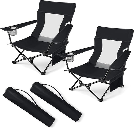 HaSteeL Folding Beach Chair Set of 2, Foldable Black Camping Chairs for Outside, Low Beach Chair Portable for Adults Fishing, Picnic, Outdoor BBQ, Travel, Sports, Cup Holder & Storage Bag