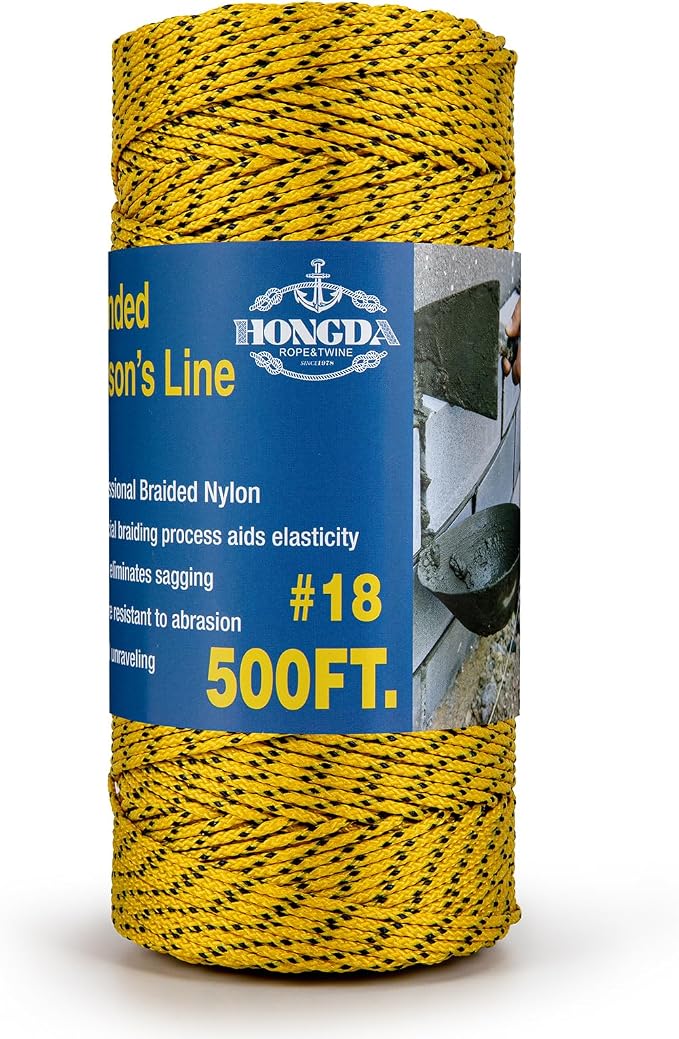 HONGDA Professional Masonry String Lines, 500 Feet #18 Bonded Braided Nylon Mason Line, Durable and Versatile String for Masonry, Construction, Gardening, and DIY Projects, Yellow with Black Spots
