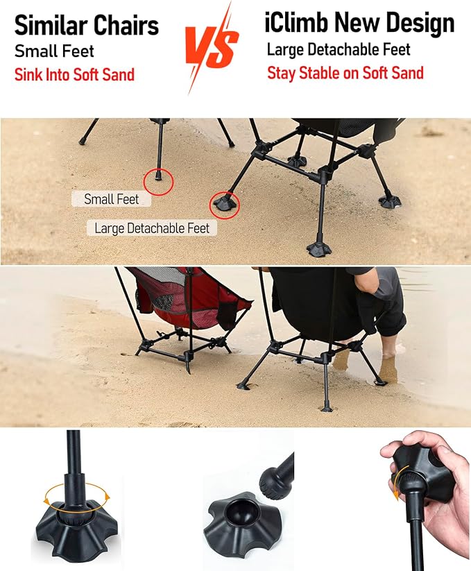 iClimb Ultralight Compact Camping Folding Beach Chair with Anti-Sinking Large Feet and Back Support Webbing (Black - Square Frame)
