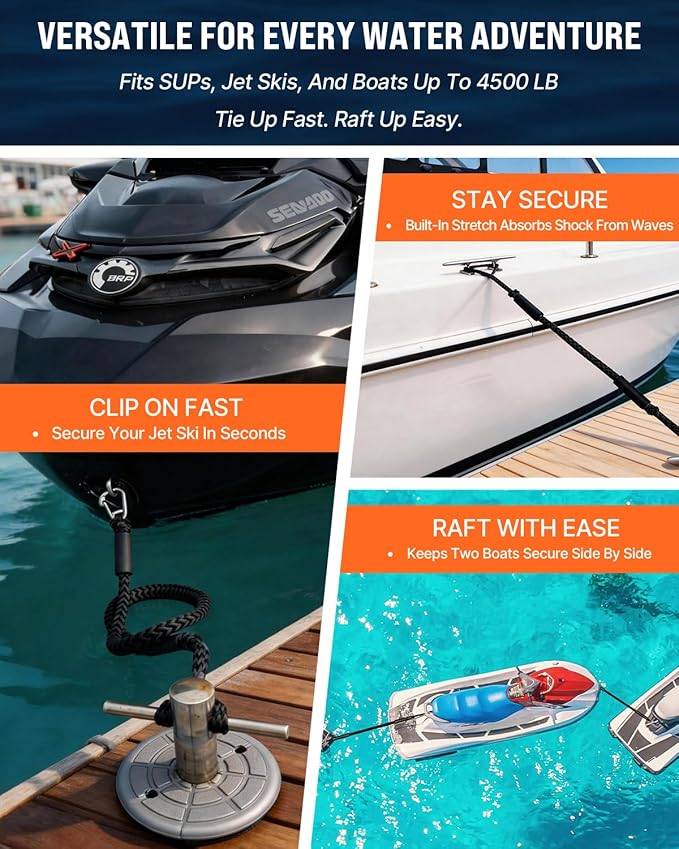 Boat Accessories 4.5 Feet Bungee Dock Lines with 30cm Extended Loop and 316 Stainless Steel Clip 2-Pack for Docking for Boats PWC,Kayak,Watercraft,SeaDoo,Jet Ski, Pontoon, Canoe, Power Boat(Black)