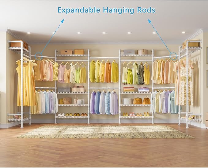 Timate U3 U Shape Heavy Duty Expandable Industrial Pipe Clothing Rack, Wall Mounted L Shaped Closet System, Large Closet Kit, White